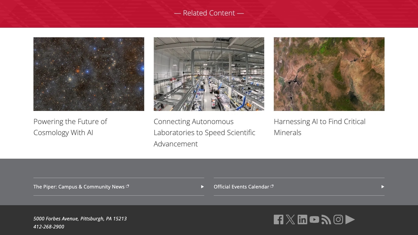A red Related Content band over three story cards at desktop width: a field of stars, a long laboratory hall, and an aerial view of terrain. Below them, a gray strip of two links and a dark footer with an address and social icons.