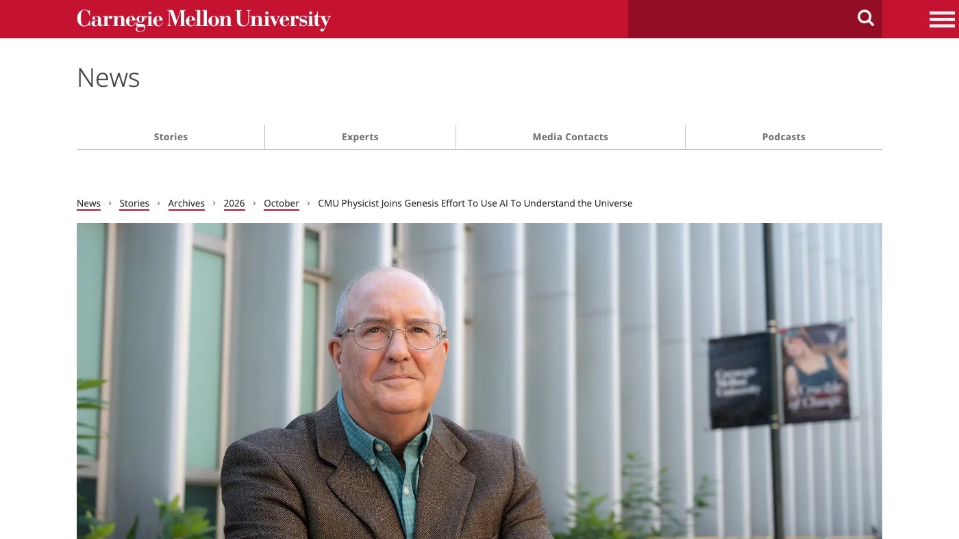 A research news story at desktop width. The News header and section tabs, a breadcrumb trail ending in the story title, and a wide portrait of a man in a tweed jacket before white columns.