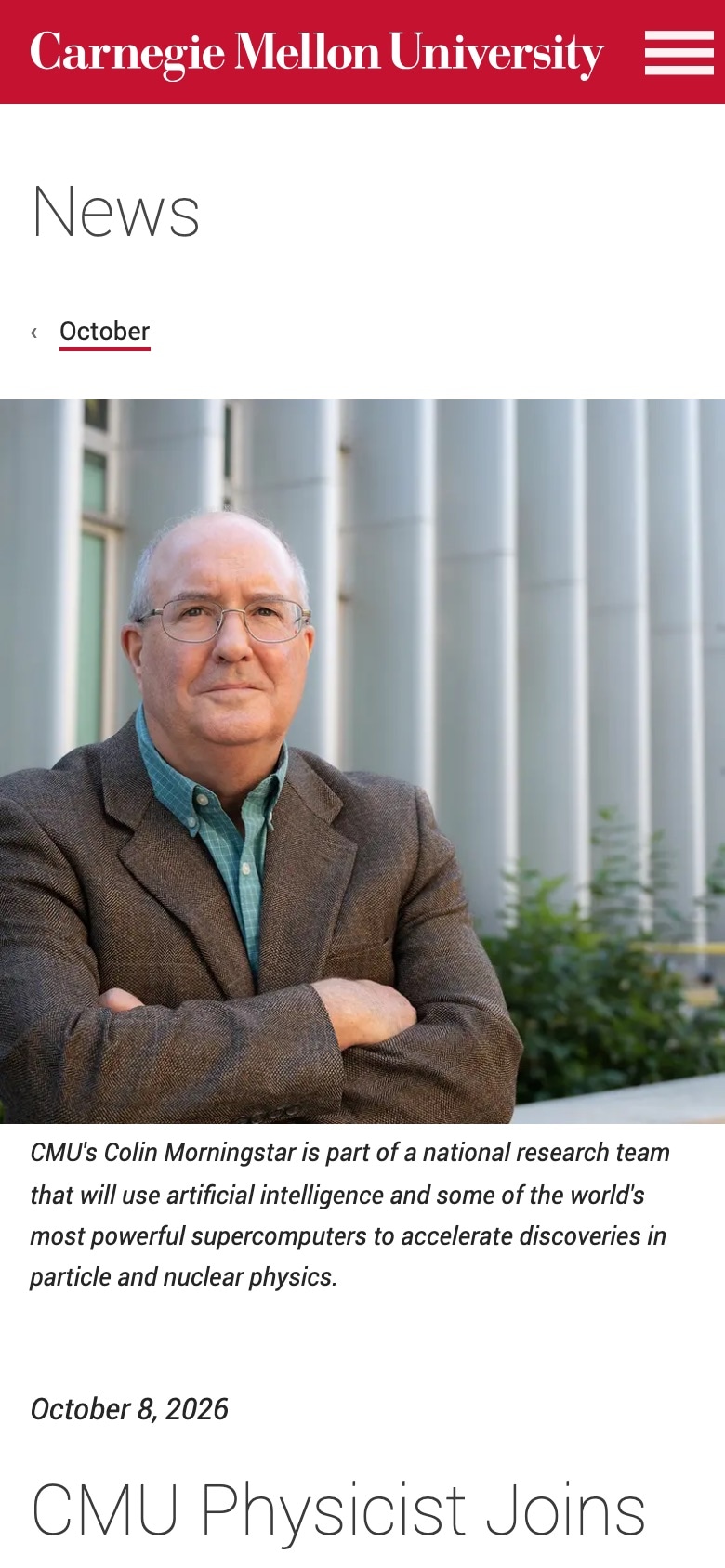 The research story at phone width. The News heading, a link back to the month, a tall portrait of a man in a tweed jacket, and a caption under it.