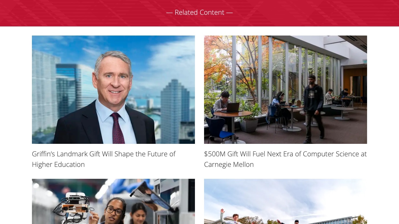 A red band headed Related Content over two large story cards at desktop width, one with a portrait of a man in a suit before a city skyline, and one with students at tables beside a wall of windows. More cards begin below.
