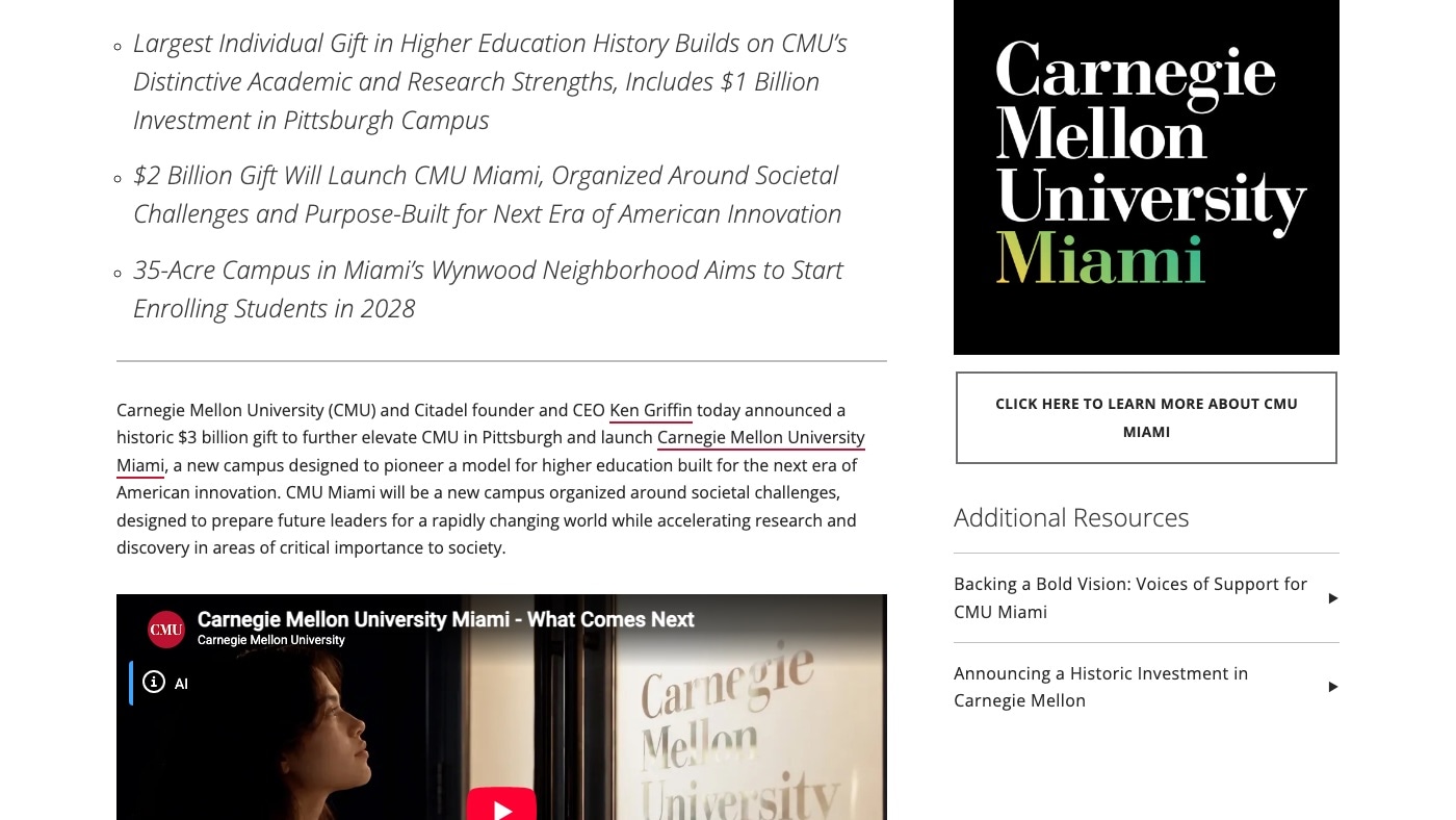 The story body at desktop width. Three italic summary bullets and the opening paragraph beside a black sidebar tile with the Carnegie Mellon University Miami wordmark, a button, and an Additional Resources list. An embedded video player begins below the paragraph.