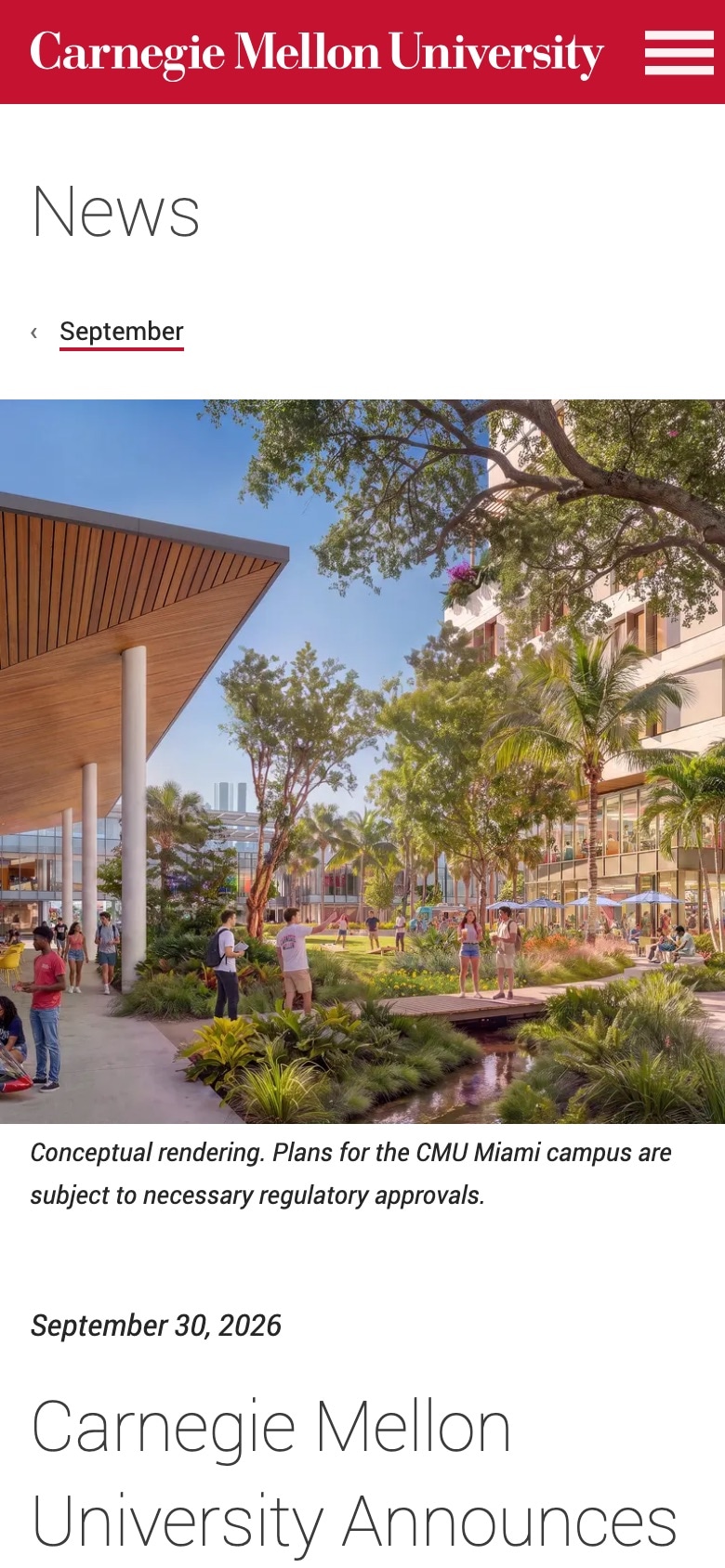The story at phone width. The News heading, a link back to the month, and an edge-to-edge rendering of a campus courtyard with a caption under it.