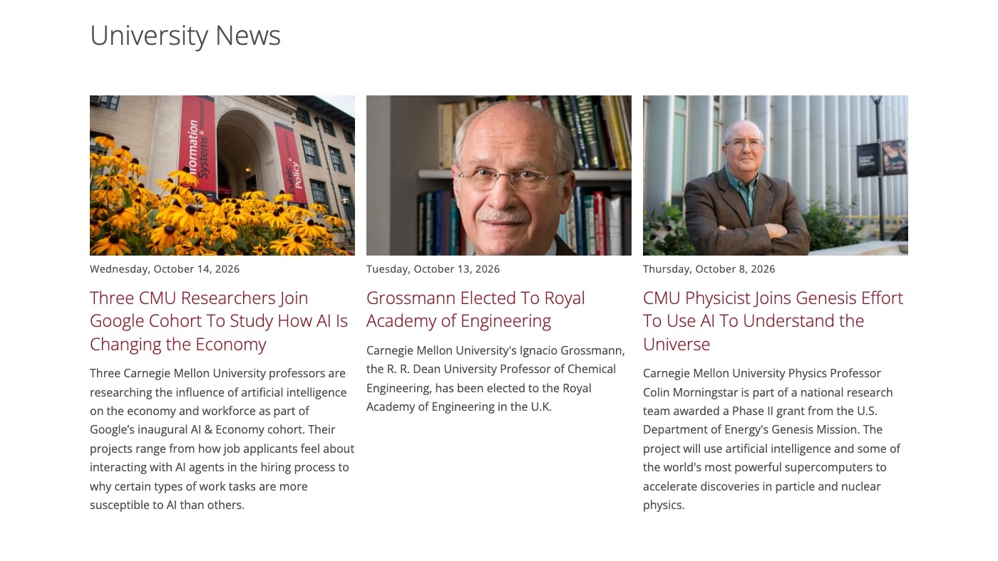 The University News heading over three story cards at desktop width. Each has a photograph, a date, a red headline, and a short summary.