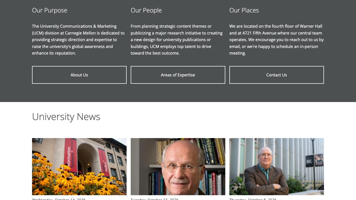A dark gray band on the communications page at desktop width. Three columns headed Our Purpose, Our People, and Our Places, each with a short paragraph, and the first two with an outlined button.