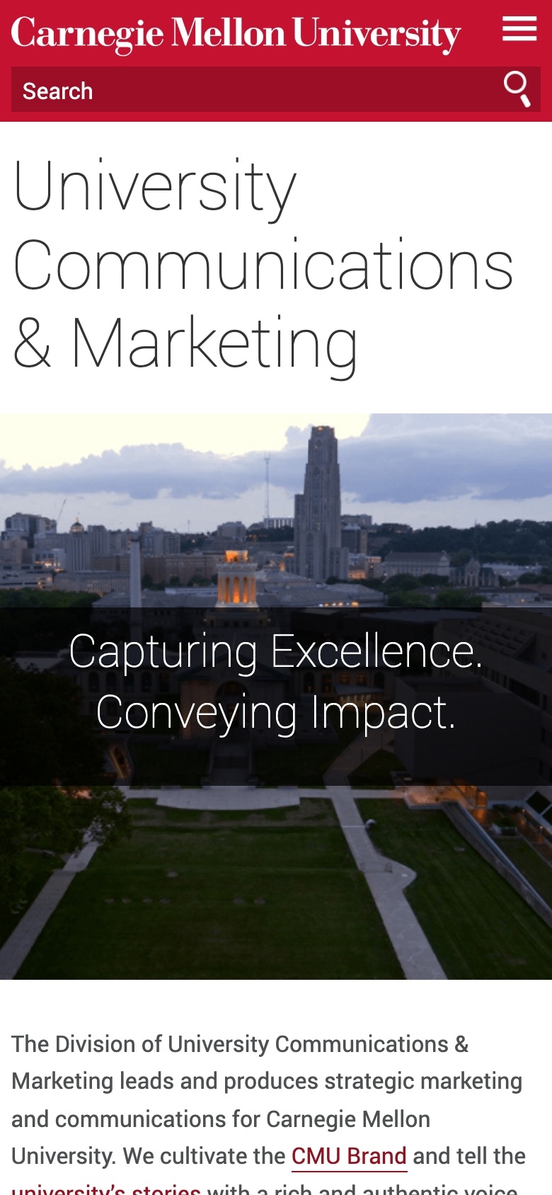The University Communications & Marketing page at phone width. The title in large type, then a photograph of the campus at dusk with the line Capturing Excellence. Conveying Impact. across it, then the first lines of the intro.