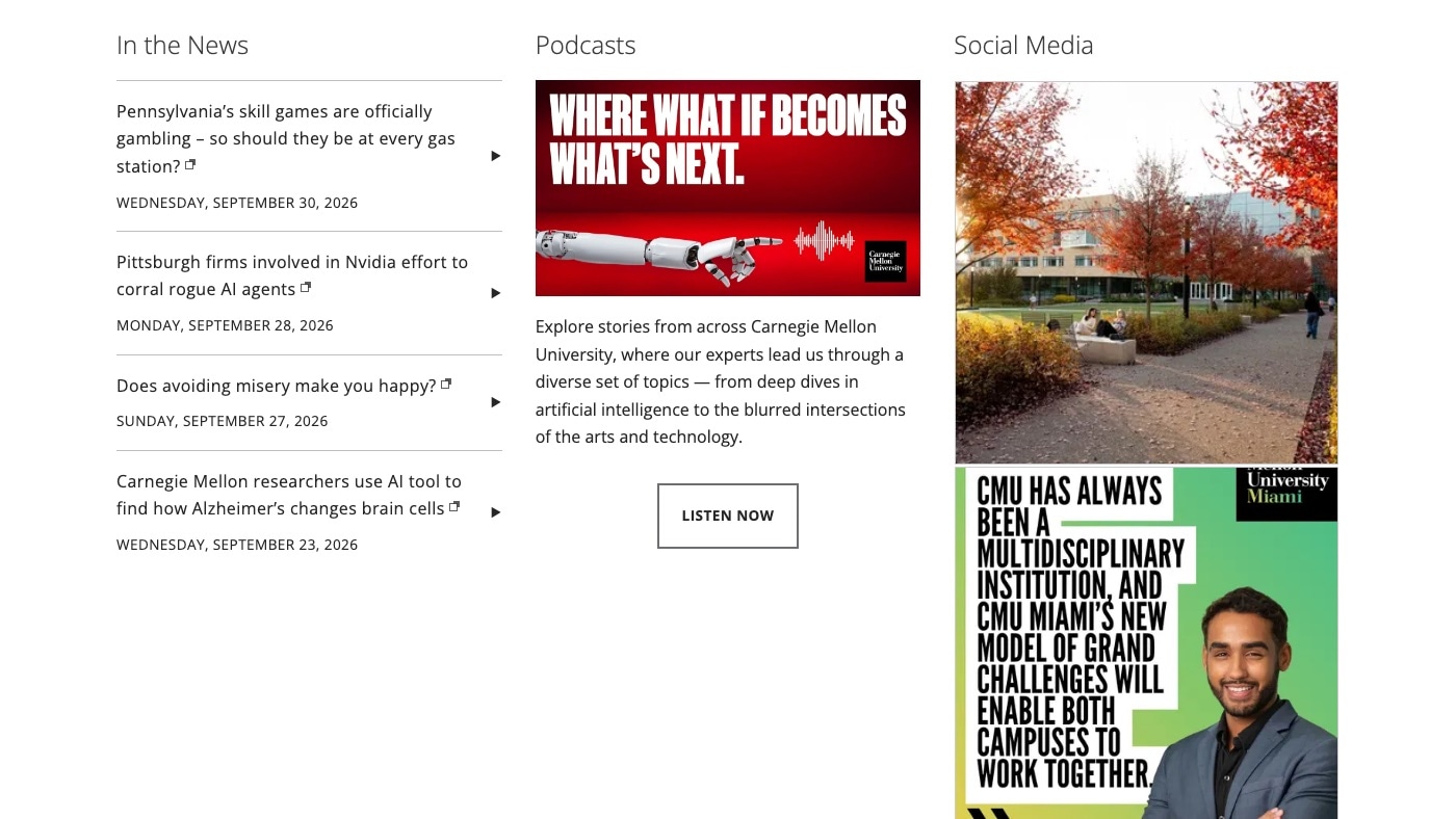 The lower News page at desktop width. A list of four headlines from outside outlets, each with a date, beside a red podcast card and a column of social photographs.