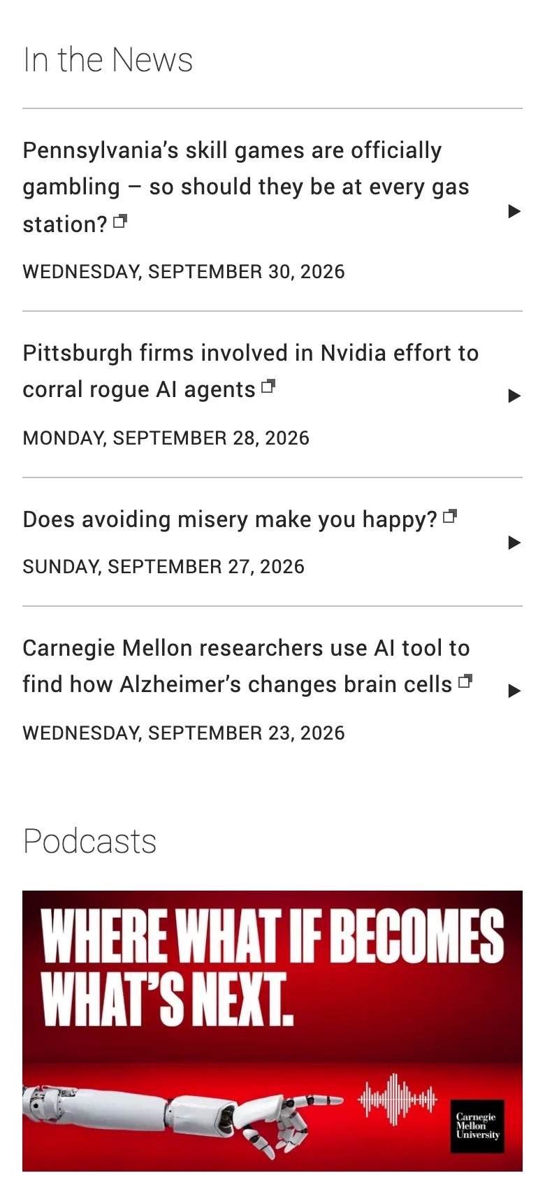 The lower News page at phone width. Four headlines with dates, each an outside link, then the heading Podcasts over a red podcast card.