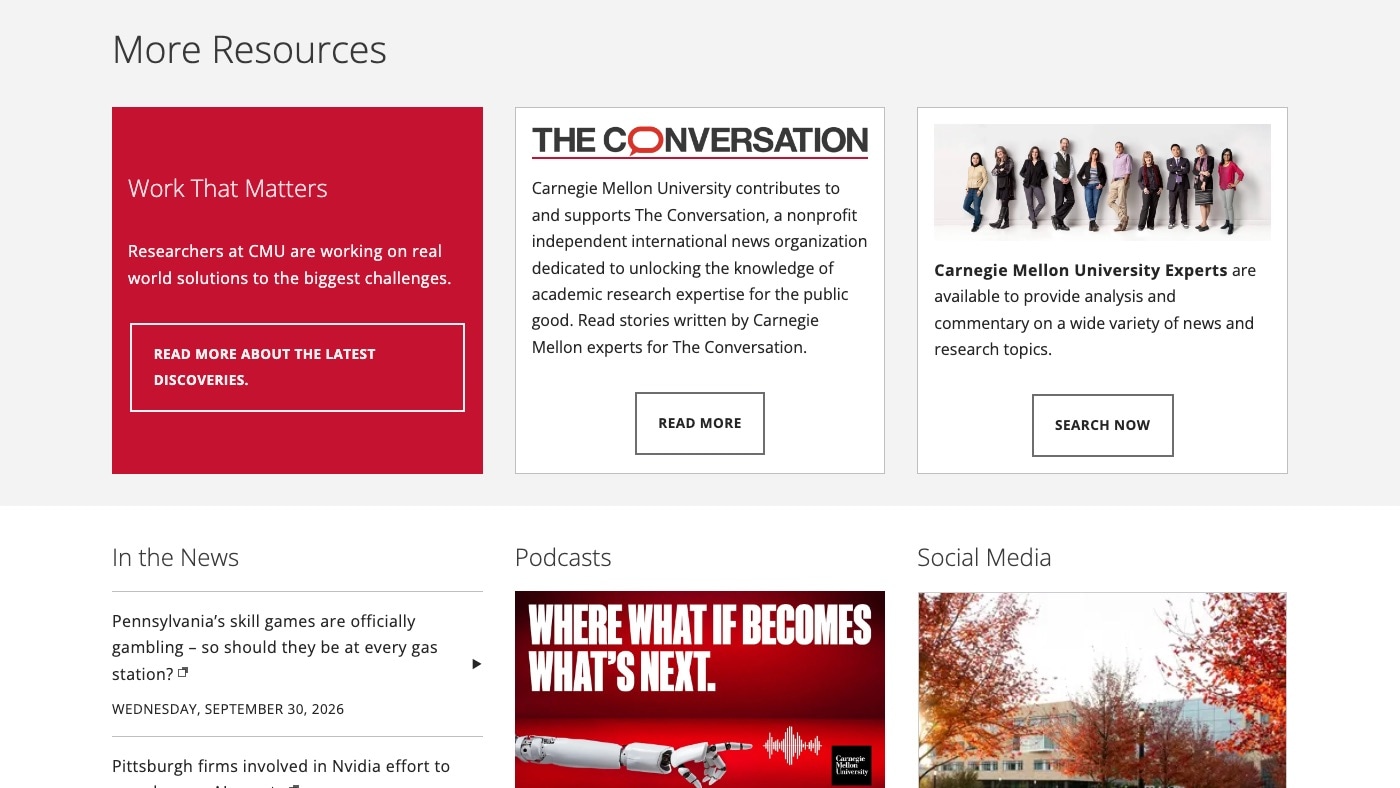 The More Resources band on the News page. A red card headed Work That Matters, a white card for The Conversation, and a white card for the university experts, each with an outlined button. Below them, the headings In the News, Podcasts, and Social Media.