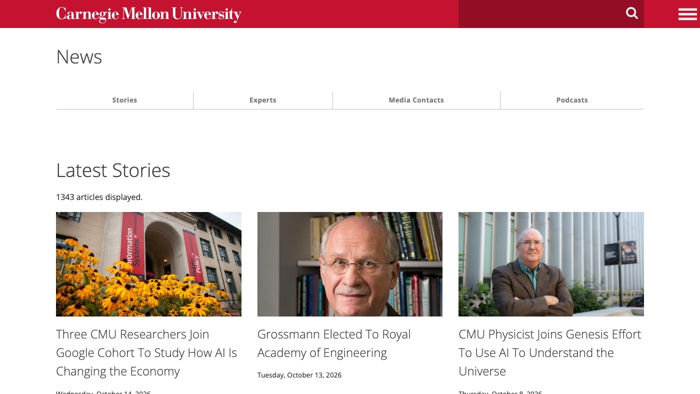 The cmu.edu News page at desktop width. The red wordmark bar, a row of four section tabs, and the heading Latest Stories over a grid of three story cards: yellow flowers before a brick hall, a gray-haired man before bookshelves, and a man in a tweed jacket before white columns.