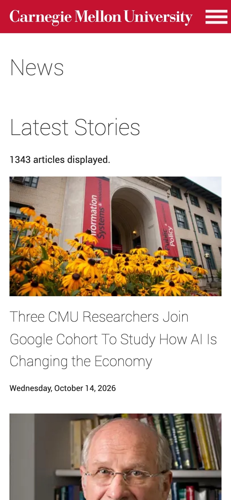 The News page at phone width. The wordmark bar with a menu icon, the heading Latest Stories, and the first story card with a photograph of yellow flowers before a brick hall, a headline, and a date.